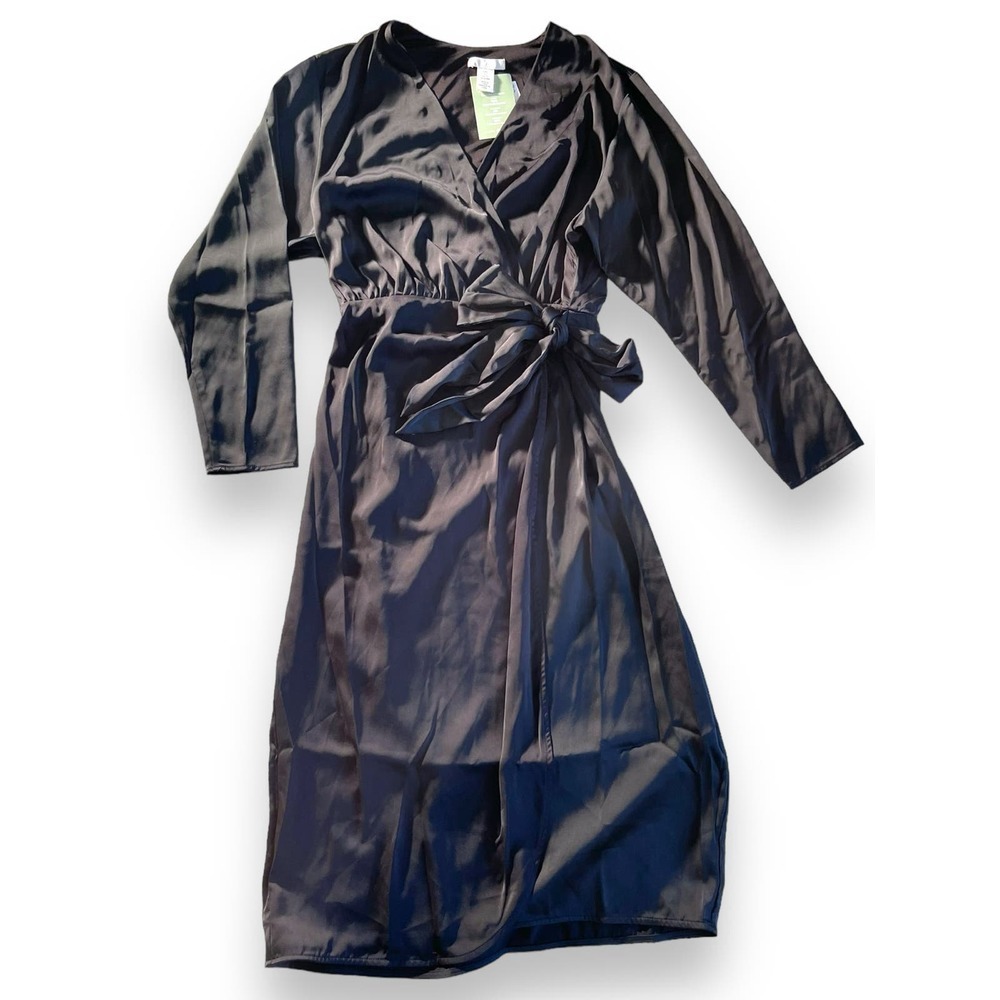 NWT H&M Satin Maxi Wrap Front Long Sleeve Oversize Relax Dress Women's Black S - Picture 2 of 12